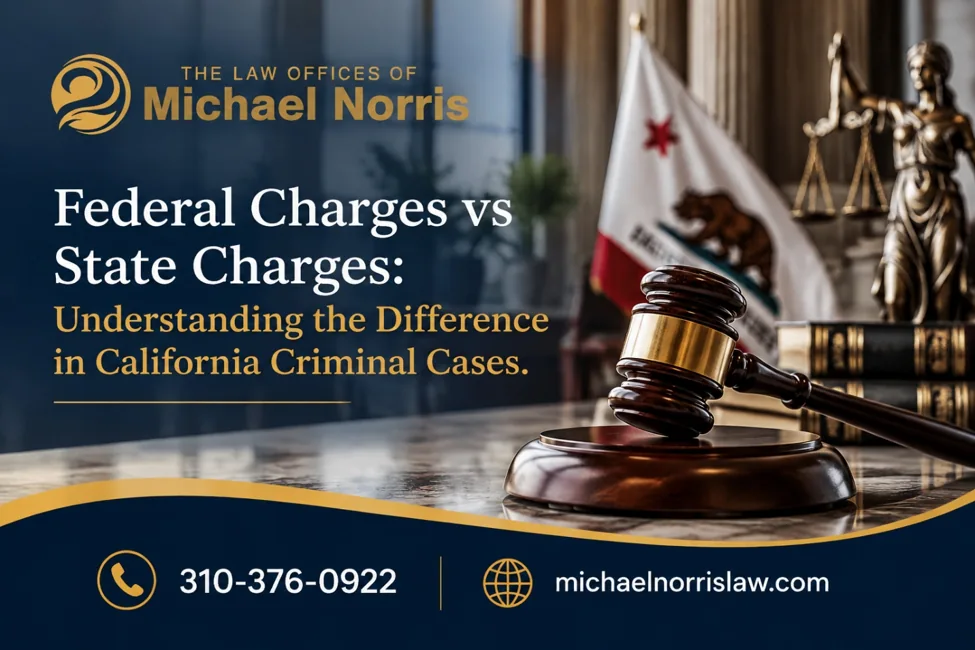 Federal vs. state criminal charges in California graphic from The Law Offices of Michael Norris, featuring a judge's gavel and Lady Justice.